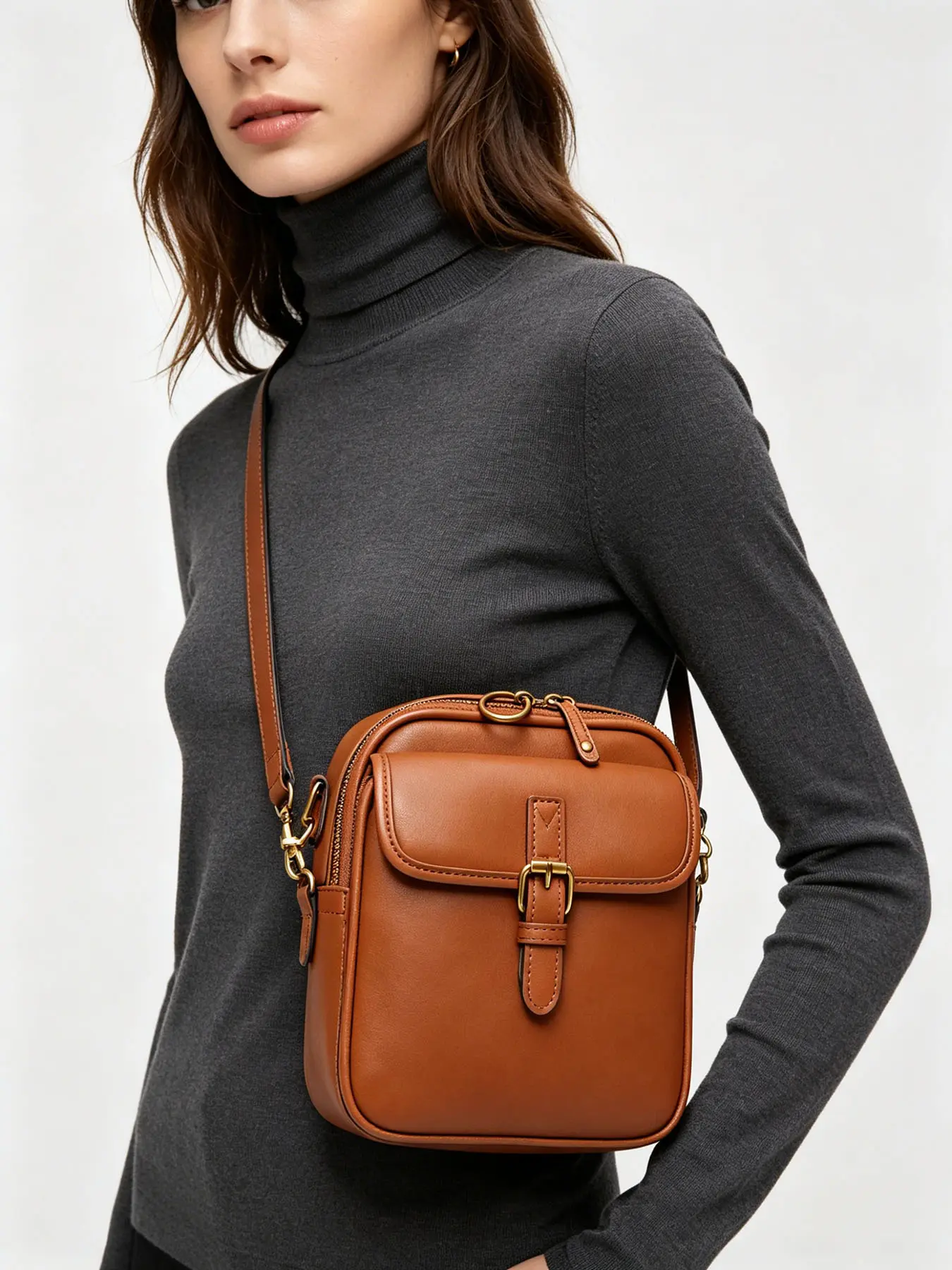 Retro Style Crossbody Shoulder Bag, High End Premium Grain Textured Leather with Gold Hardware Buckle Detail, Multi Pocket Multi Compartment Adjustable Strap Bag for Daily Commute Casual Use