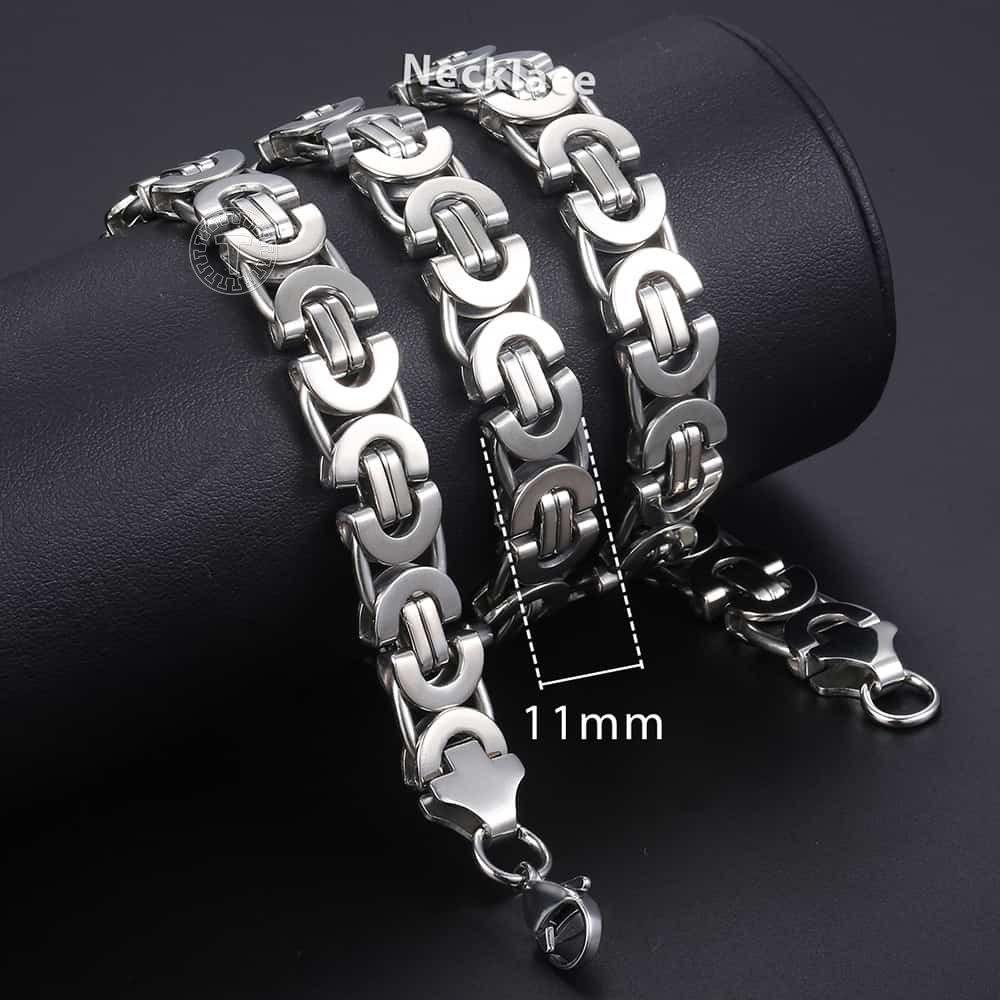 Hermah Flat Byzantine Chain Necklace Silver Color 316L Stainless Steel 11mm 8"-36" Link Jewelry for Male Men necklace