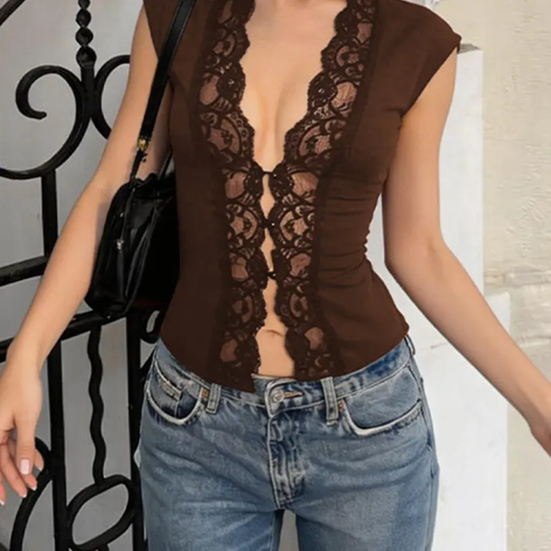 Women's Basic Plain French V-Neck Patchwork Lace Trim Waist Slim Fit Camisole Tank Top, Sleeveless Sexy Casual Chic Aesthetic Summer Daily Wear Upper