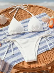 White String Bikini Set for Women – 2 Piece Triangle Swimsuit, Adjustable Tie Side, Minimalist Sexy Summer Beach Swimwear