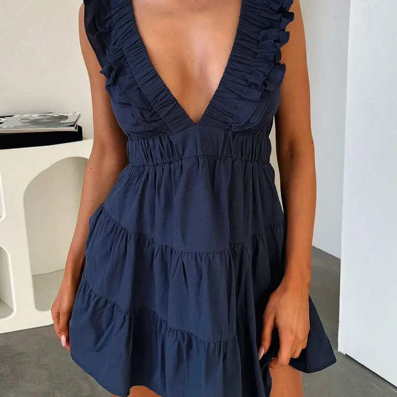 Casual Dress for Summer, Casual Beach Dress, Breathable Women's Fitted Plain Deep V Neck Ruffled Dress, Frill Ruffle Design, Women's Clothes for Daily Wear, Womenswear