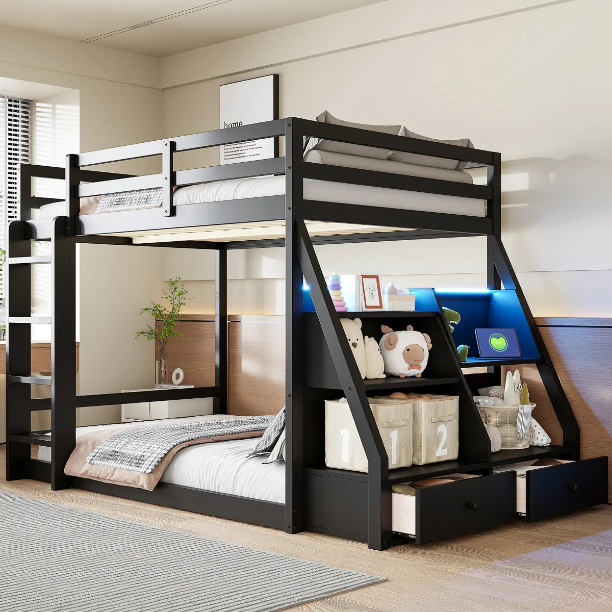 Black Full Size Wood Frame Bunk Bed - 6 in Low-Profile Safety Floor Design, 90.7"L×56.7"W×55.9"H, 188.86 lbs Capacity, Space-Saving, APP-Controlled 7-Color APP Light, Built-In Charging Hub, USB Port, Storage Shelves, 2 Drawers, Durable Indoor Furniture