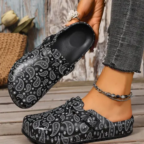 Women's Summer Unique Sandals, Thick Sole Lightweight EVA Shoes, Bohemian Print Design, Artistic Beach Slippers, Boho Style Clogs, Beach Footwear