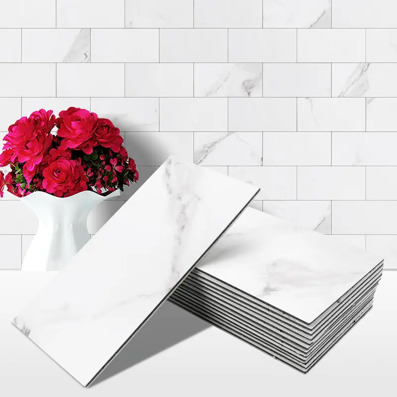STICKGOO 100PCS Peel and Stick Backsplash, PVC Aluminium Wall Tile, Marble White Stick on Backsplash for Kitchen/Bathroom/Fireplace, Home Interior