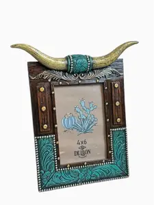 Horn & Turquoise Tooled Leather Floral 6” X 4” Picture Frame