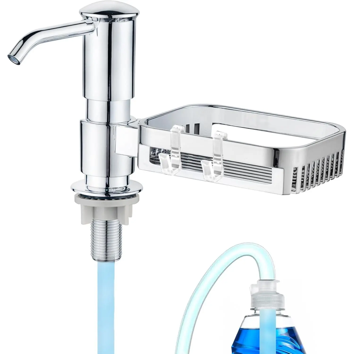 Soap Dispenser for Kitchen Sink with Sponge Holder, Built in Soap Dispenser Pump, Under Counter ABS Pump  with 38" Extension Tube Kit, Good Suction Power, Chrome