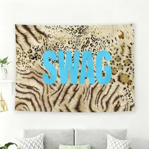 Light Blue SWAG Typography on Tiger Print Background Wall Flag, Bold Y2K Grunge Room Decor