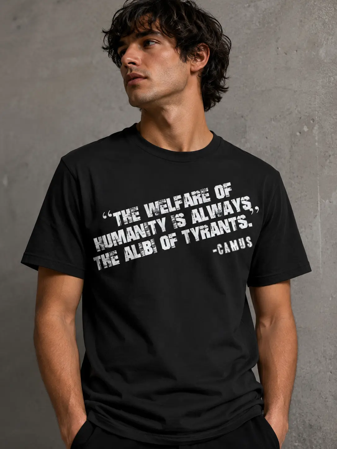 Men's Oversized Unisex Round Neck Short-Sleeve T-Shirt - Camus Welfare of Humanity Tyrants Letter Print, Harajuku Streetwear, Philosophical Graphic Casual Top, Shortsleeve, Tshirt