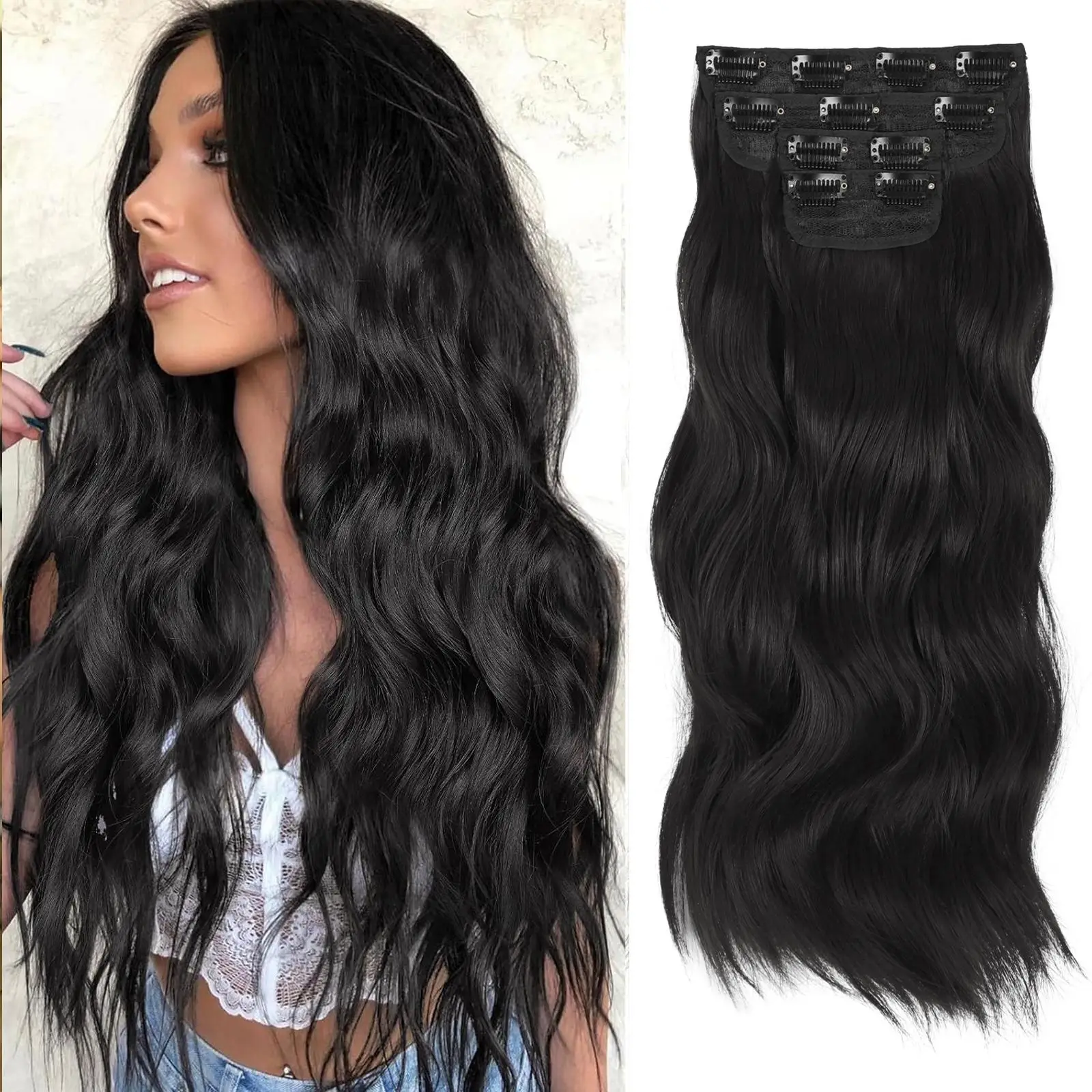 Clip- in Synthetic Hair Extensions Long Wavy 6PCS 4PCS Thick Hairpieces Double Weft Natural Hair Extensions for Women