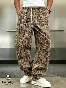 American Streetwear Vintage Leopard Print Loose Sweatpants, Men's Drawstring Wide Leg Casual Long Pants, Comfortable and Stylish, Casual Fashion Bottoms