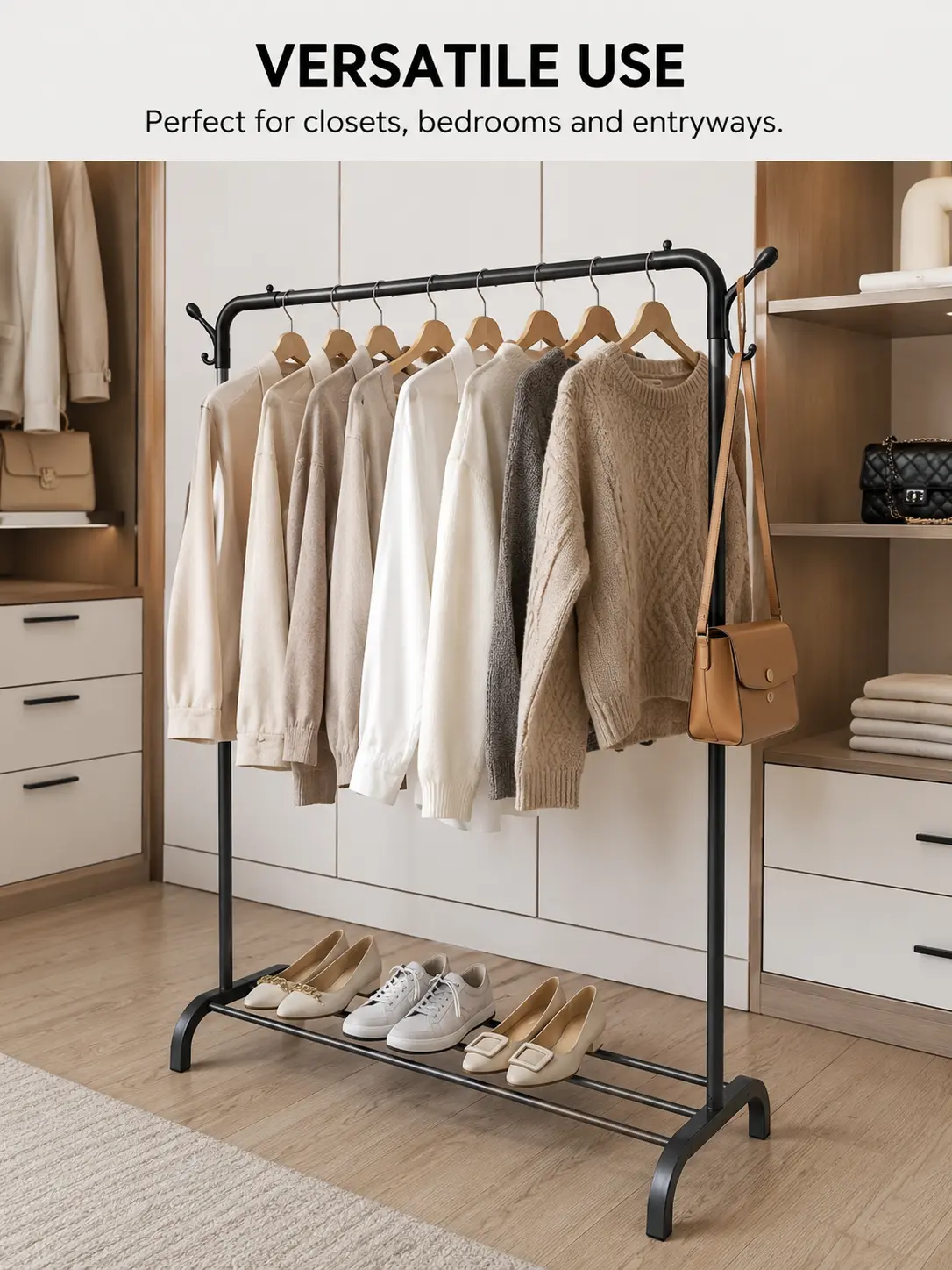 Clothes Garment Rack, Freestanding Clothing Hanging Rack with Bottom Shoe Shelf & Side Hooks, Heavy‑Duty Coat Rack for Bedroom Apartment Dorm