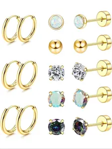 8pairs Hypoallergenic Surgical Steel Earrings for Sensitive Ears, 20g Stainless Steel Stud & Hoop Earrings for Men Women, Opal Ball Cz Flat Back Cartilage Earrings, Trendy Jewelry, Cz Bling