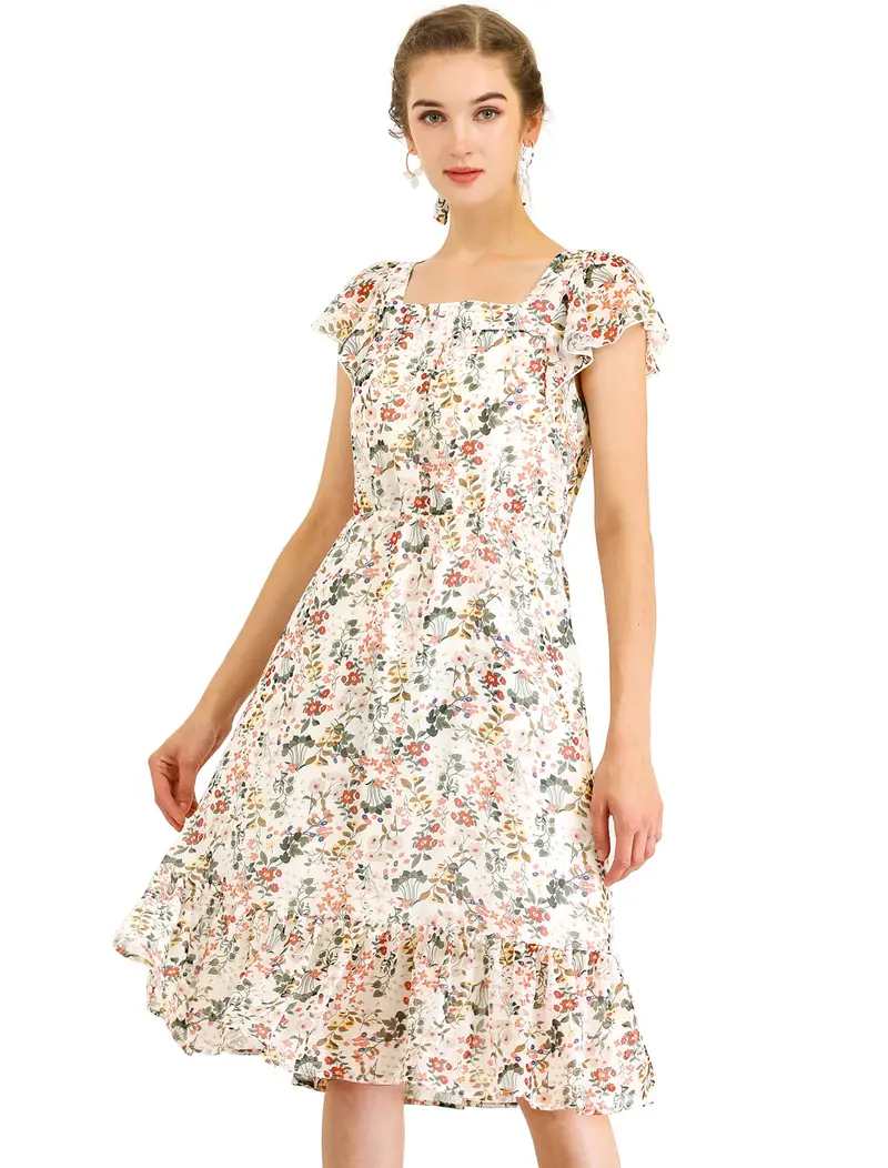 INSPIRE CHIC Floral Chiffon Flutter Sleeve Belted Square Neck Ruffled Hem Dress White