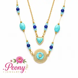 N303- Blue Stone Beaded Turquoise Gold Necklace 2 Pieces!