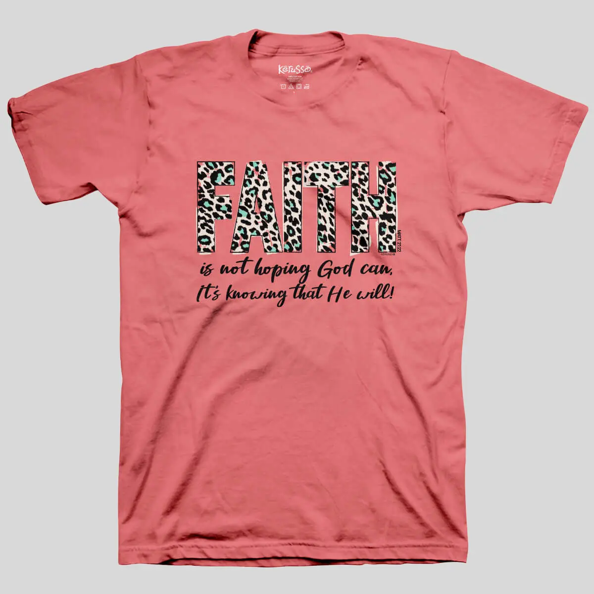 Women's Casual T-Shirt with Leopard Print Faith Graphic, Short-Sleeve 100% Cotton Top with Seamless Collar, Sorbet, Shortsleeve, Tshirt, Round Neck, Rib Knit