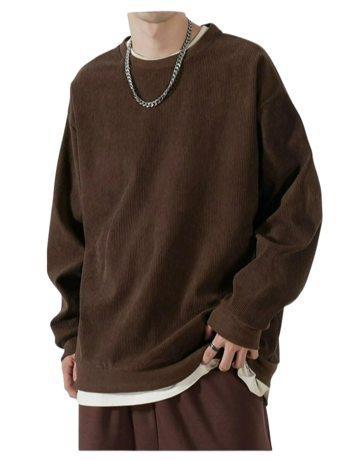 Men's Solid Drop Shoulder Corduroy Sweatshirt, Casual Vintage Fashion Trendy Preppy Regular Fit Round Neck Loose Pullover for Daily Wear, Men's Clothe