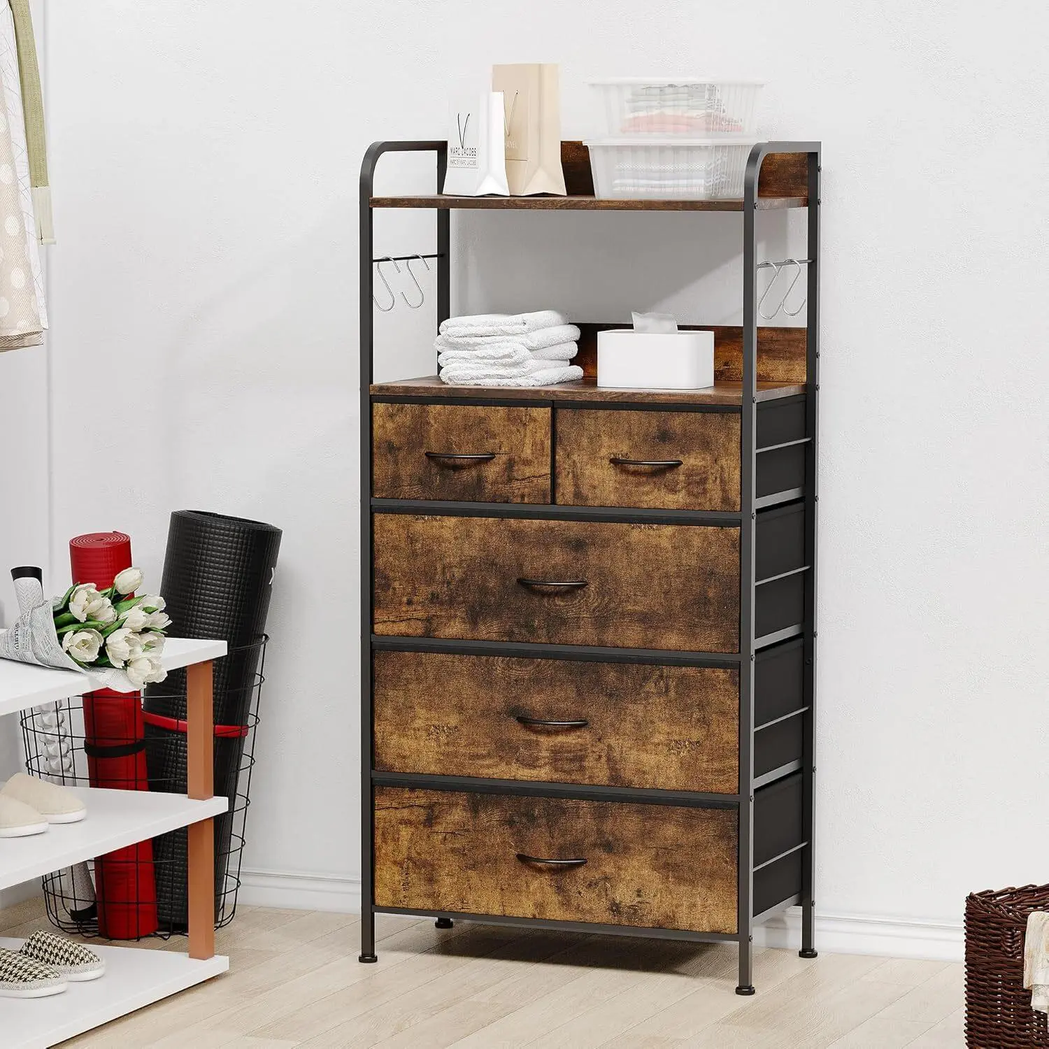 Rustic Brown 5-Drawer Fabric Dresser Buffet Cabinet - Sturdy Metal Frame, Rattan Accents, Durable Compact Storage Unit, Easy Assembly Required, Versatile Organizer for Clothes and Essentials