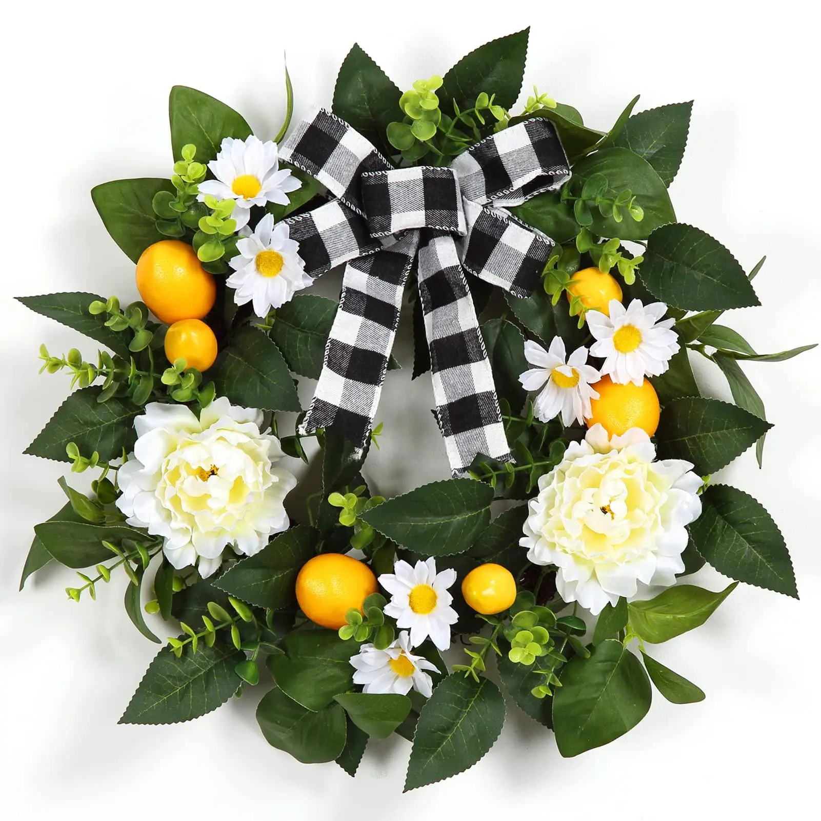 20 Inch Lemon Wreath for Front Door - Spring Summer Decor With Artificial Peony Flower and Bow, Grapevine Farmhouse Decor for Home Kitchen Party Wall Window Indoor Outside
