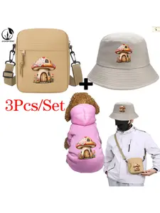Patchwork Mushroom House Clipart Print, Pet Hoodie and Fisherman Hat and Crossbody Bag Three-in-one Combination, Universal for Men and Women, New Style of Pet Hoodie, 3Pcs Suit Stylish Hat Crossbody Bag Pet Hoodie Suit