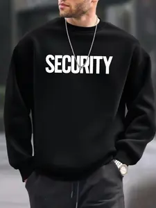 Men's Crew Neck Long Sleeve Sweatshirt Pullover, Bold 'SECURITY' Graphic Text Print, Urban Streetwear Outfit for Trendsetters, Casual Comfortable Fit & Statement Design, Ideal for Daily Wear & Trend-Driven Looks with Edgy Vibe, Street Style
