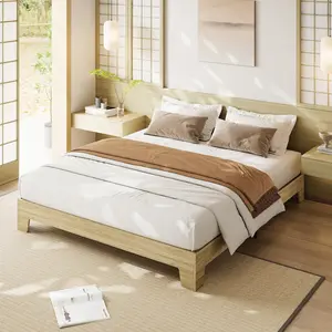 King Size Wooden Platform Bed Frame Minimalist Style with Wood Slats Support Underbed Storage Space Noise-Free Stable Structure No Box Spring Needed Quick Easy Assembly Modern Natural Bedroom Furniture