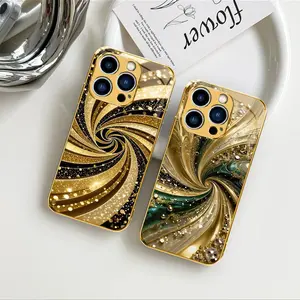 Luxury Gold-Plated Edge Case Liquid Swirl Glitter Glass Cover for iPhone 17/16/15/14/13 Pro Max & Samsung S25 Ultra ---975