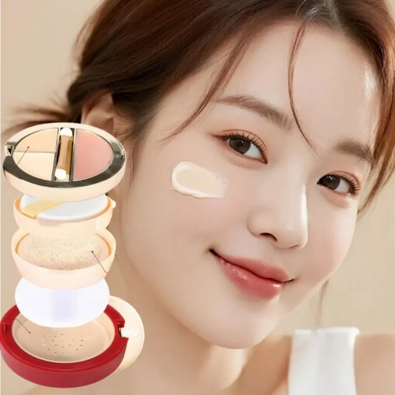 Four-In-One Multifunctional Cushion Compact Box, Includes Bb Cream, Concealer, Highlighter, Setting Powder, Elegant Luxury Packaging, Travel-Friendly, Makeup Set