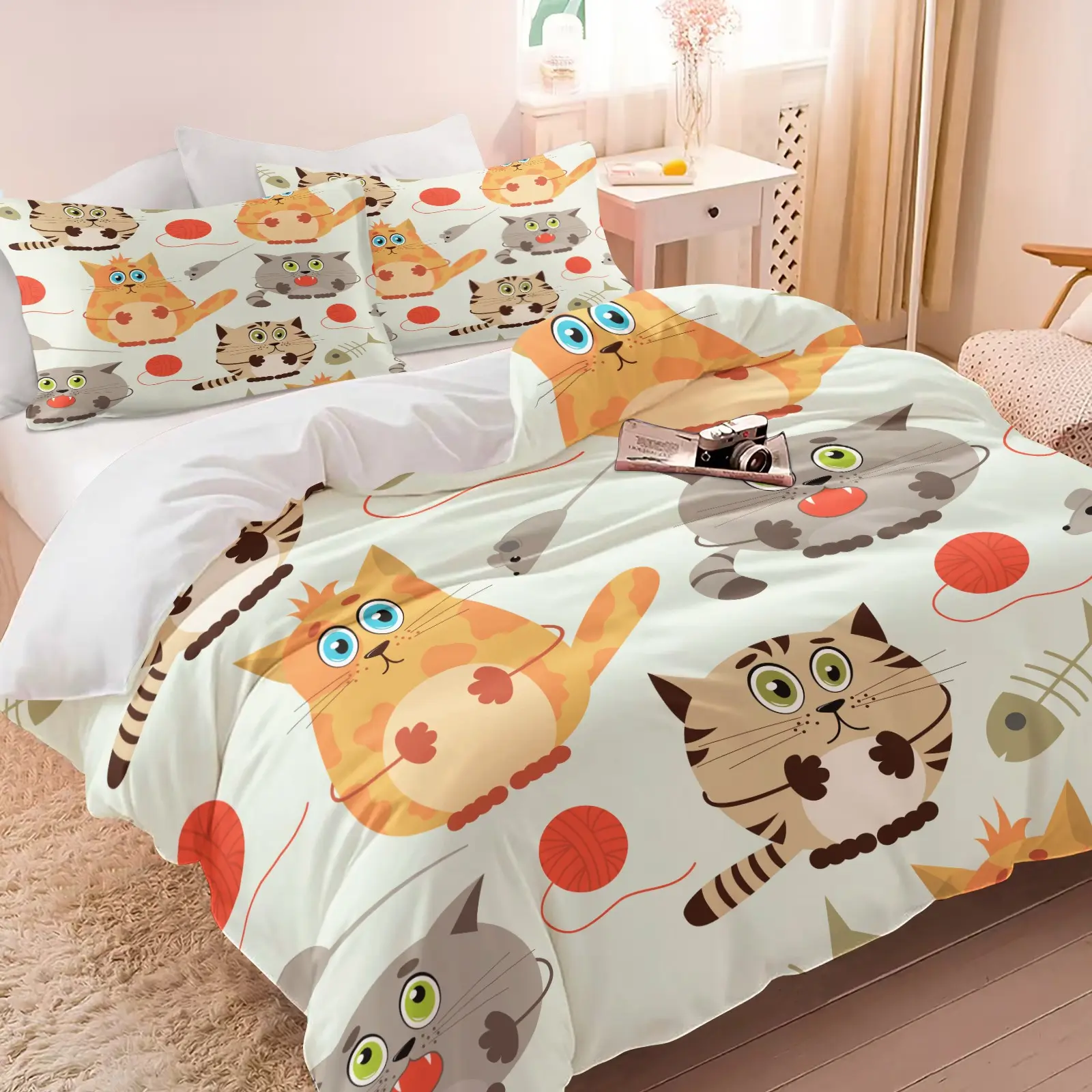 2/3PCS Cute Cartoon Cat Print Duvet Cover Set, Kawaii Kitten Comforter Cover, Soft Microfiber Bedding Set (No Filler),Pet Animals Bed Set Cover for Kids Girls Boys Teens Room Decor