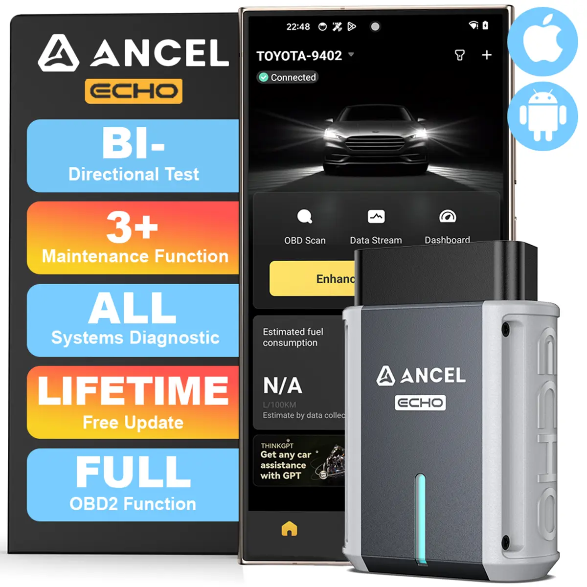 ANCEL Echo Bidirectional OBD2 Vehicle Code Reader - Compact Pocket-Size Car Diagnostic Tool with OBD2 Support, Full System Check, Oil Reset, Brake Reset, Battery Registration, Live Data, Bluetooth for iOS & Android
