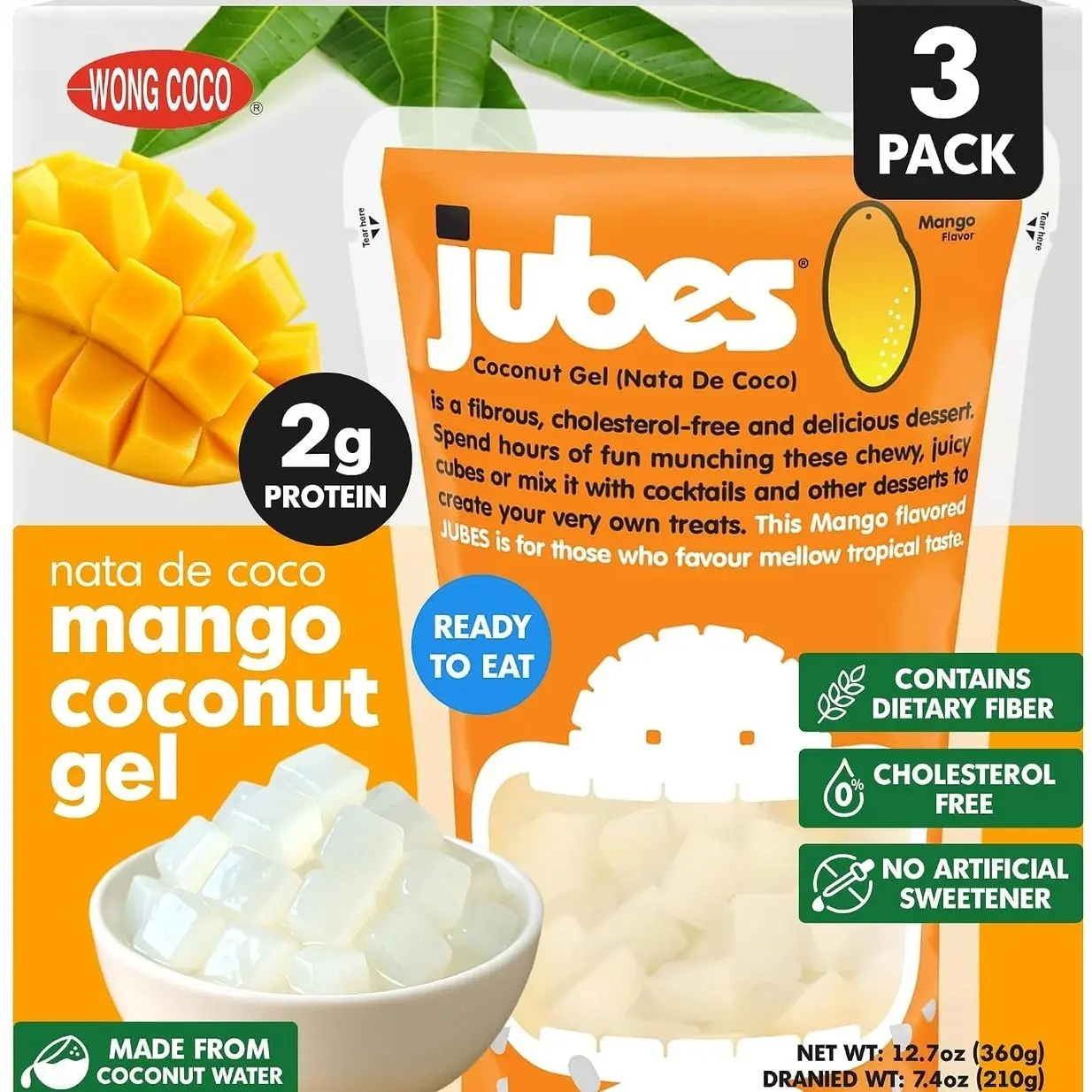 Jubes Mango Nata De Coco Jelly Cubes (12.7 oz, Pack of 3) - Mango Coconut Jelly Cubes for Sago - Coconut Gel in Syrup Toppings for Fruit Tea, Boba, Bubble Tea, Drinks, Desserts Yogurt, Ice Cream, Beverage