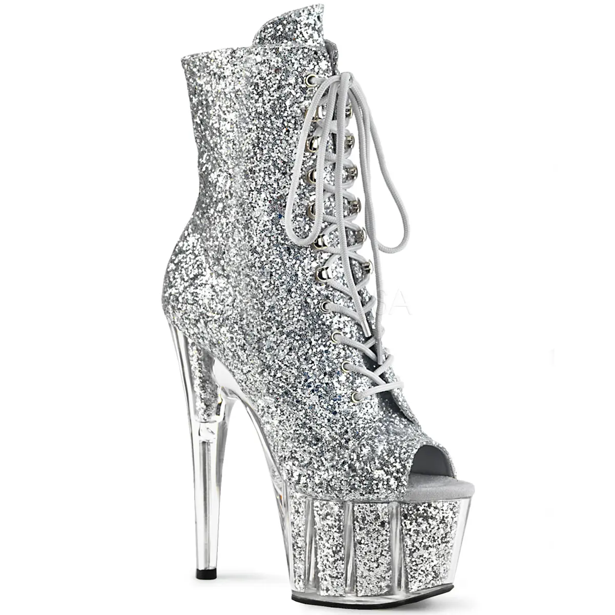 Ankle Boots for Women, Silver Glitter Peep Toe High Heels Shoe with 7" Heel and 2.75" Glitter Filled Platform, Footwear, Heeled, Peep Toe Lace-Up, Party, 7 In, Elegant