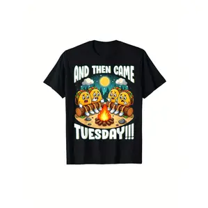 AND THEN CAME TACO Tuesday Graphic Tee - Men's Casual Round Neck T-Shirt with Cartoon Taco Design, Black, Machine Washable, All-Season Comfort Fit