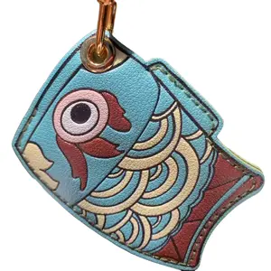 Leather AirTag Keychain Holder – Cute Anti-Scratch Protective Cover (Blue Fish)