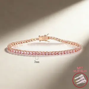 GEMSME Women 3MM Round Cut Pink Cubic Zirconia Waterproof Hypoallergenic Tennis Bracelet for Sensitive Skin Classic Couple Valentines Day Gift ATS59996-R