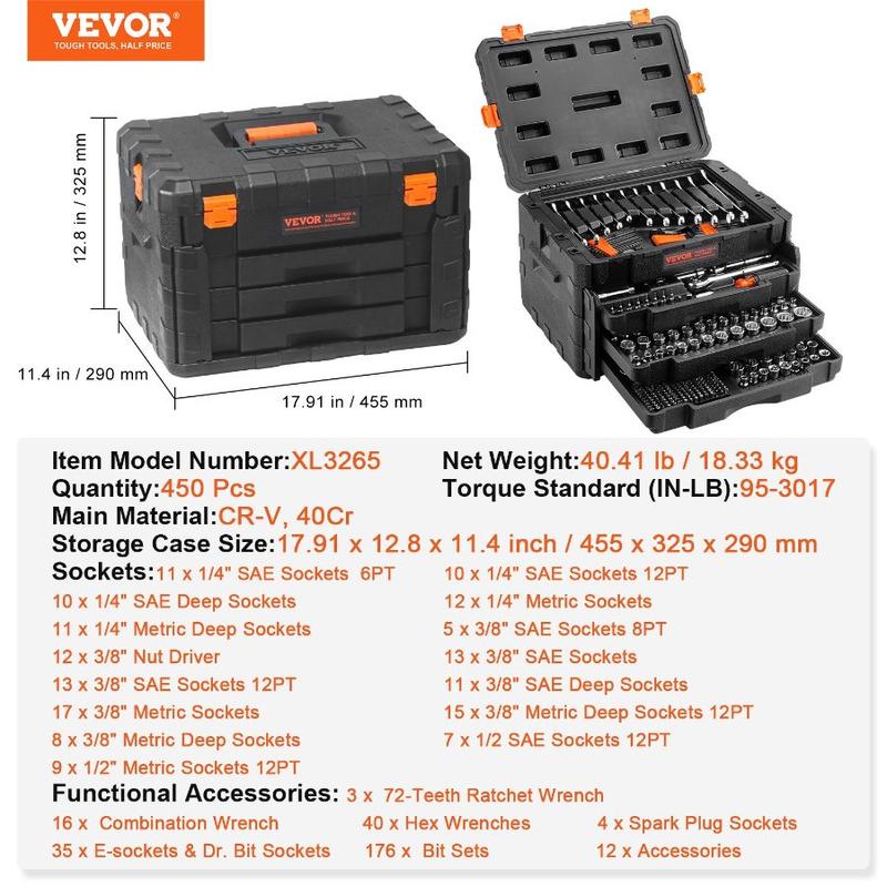 VEVOR Mechanics Tool Set and Socket Set, 1/4 3/8 1/2 Drive Deep and Standard Sockets, 205 Pcs SAE and Metric Mechanic Tool Kit with Bits, Combination Wrench, Hex Wrenches, Accessories, Storage CaseHoliday gifts