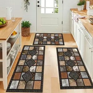 2PCS Brown Vintage-Style Kitchen Rug Diatomaceous Earth Material Kitchen-Sized Striped Pattern Mat Anti-Slip & Wear-Resistant Absorbs Water & Quick-Drying Machine Washable Suitable for Dining Rooms, Bathrooms, Laundry Rooms, & Kitchen Sets