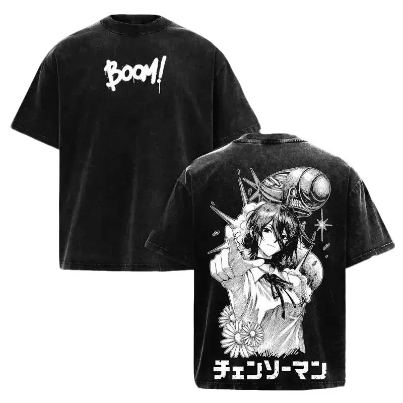 [HM] Menswear Unisex Chainsaw Man Reze Acid Wash Oversized Heavyweight Shortleeve Tee - Bomb Devil Graphic, Graffiti Boom Font, Flowers, Japanese Kanji, Retro Goth Grunge Streetwear, Pochita Devil, Acid Gymwear, Christmas Outfit Merch