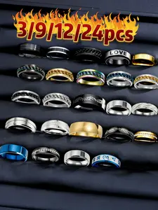 Men's Stainless Steel Ring Set, Casual Punk Style Jewelry, Unique Geometric Pattern, Birthday Christmas Gift, All-Season Fashion Accessory
