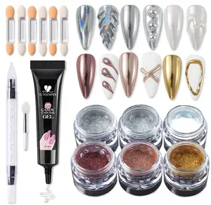 Chrome Nail Powder and 3D Nail Gel Kit, Metallic Mirror Glitter Effect Chrome Powder For Nail Art, Holographic Aurora Iridescent Dip Dust Pigment and 10g Sculpting Gel Set for Nail Decor DIY