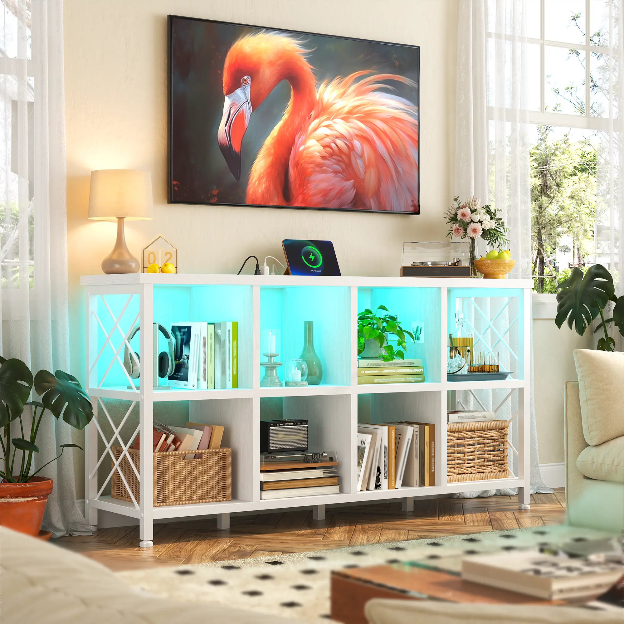 Raybee 6-8 Cube Storage Organizer, with LED Light & Charging Station, Farmhouse Wood Long Storage Organizer Bookcase, 62" Horizontal Console Bookshelf, Storage Cabinet, Modern Open Book Case for Playroom, Bedroom, Living Room, Home Office, Easy Assembly