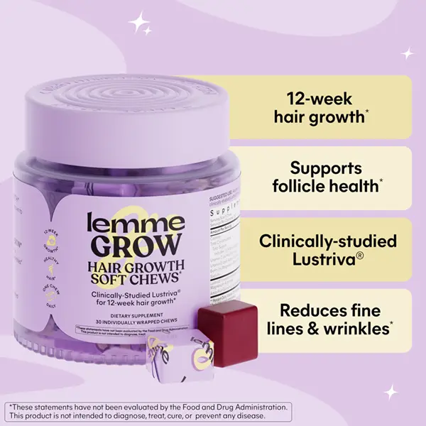Lemme Grow Hair Growth Booster Soft Chews w/Vitamins for Women and Men with Clinically Studied Lustriva and Biotin, Promotes Thicker, Fuller, Stronger Hair, Mixed Berry, 30 Day Supply