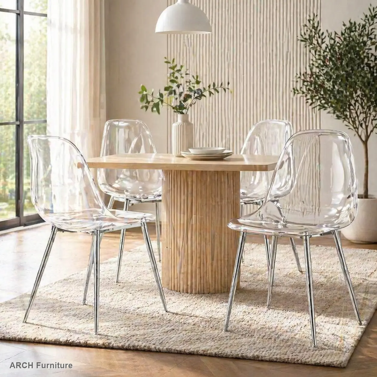 Modern 4-Piece Armless Legged Dining Chairs Set - Transparent Crystal Plastic Design, Plated Metal Sturdy Legs, Ergonomic Curved Back, Easy Assembly Required, 250lbs Load Capacity, Durable Chic Seating, Nordic Creative Makeup Stool, W115164140, TW-1200