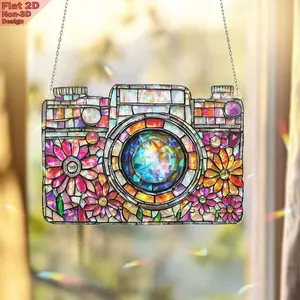 Acrylic 2D Flat Vintage Camera Ornament, Broken Glass Hologram Window Hanging, Floral Sun Light Catcher, Photographer Gift, Retro Decor Ornament