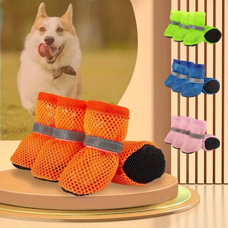 Breathable Polyester Mesh Dog Paw Protector Booties for Small-Medium Breeds - Anti-Slip, Comfortable Running Shoes with Straps, Orange/Black Fabric Design, Prevents Overheating, Offers Support