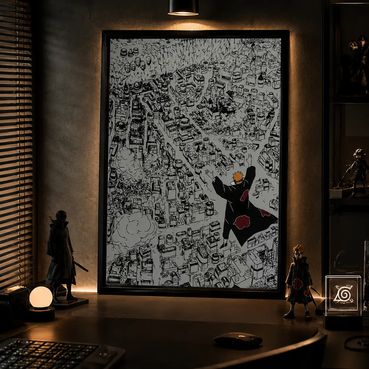 Naruto Pain Nagato Destroy Hidden Leaf Village Framed Canvas Wall Art, Black White Manga Panel Anime Poster, Akatsuki Cloak Sketch Print, Teen Bedroom Game Room Otaku Decor, Naruto Shippuden Fan Wall Hanging Gift