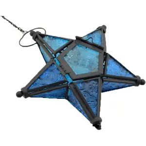 Stunning Star Glass Votive Tea Light Candle Holder Hanging Lighting Lantern Wedding Birthday Party Home Garden Decoration (Blue)