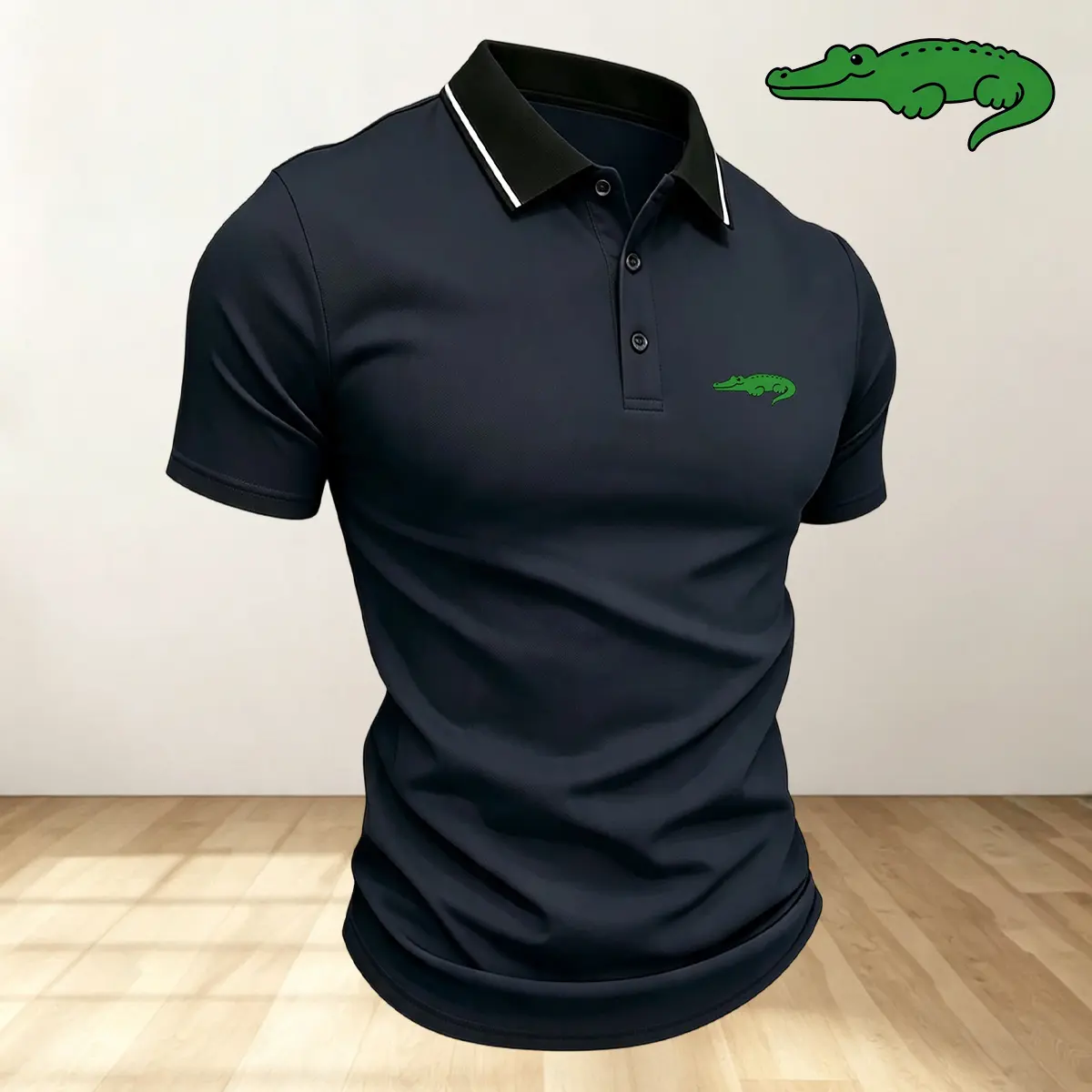 Men’s solid-color polo shirt with turn-down collar, breathable quick-dry design for golf and casual wear; lightweight, stretchy fabric suitable for summer office wear; crocodile print; comfortable fit, short sleeves.