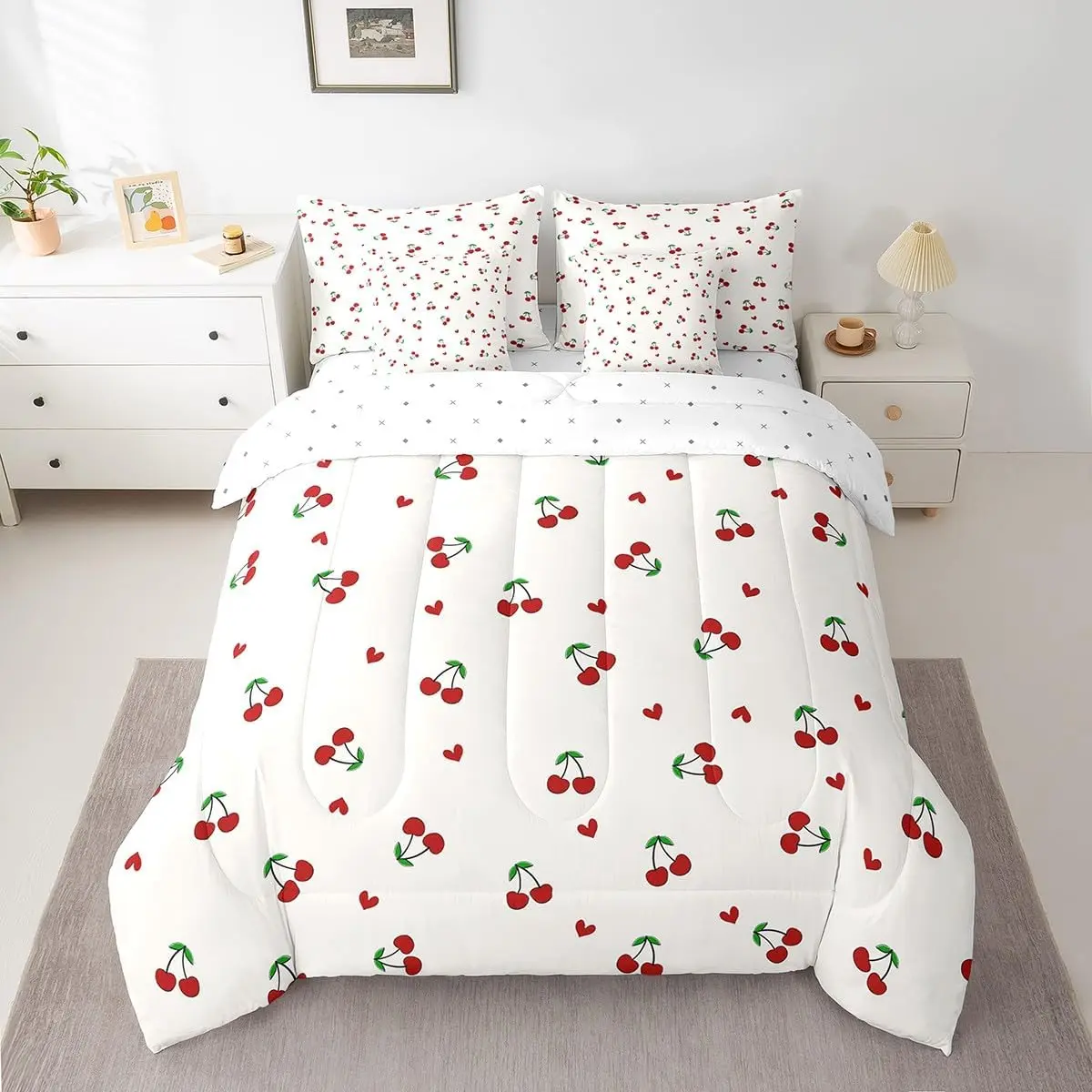 Feelyou 7-Piece Red Cherry Microfiber Bedding Quilt Set - Soft, Breathable, Cute Fruit Comforter with Fitted Sheet, Flat Sheet, 18x18 in Cushion Cover for Teens (Twin, King Sizes Available)