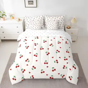 Red Cherry Bed in A Bag,Cherry Pattern 7 Pieces Bedding Set,Boys Girls Cute Fruit Comforter Set with Sheets,Kawaii Cartoon Fruit Teens Bed Set Cushion Covers