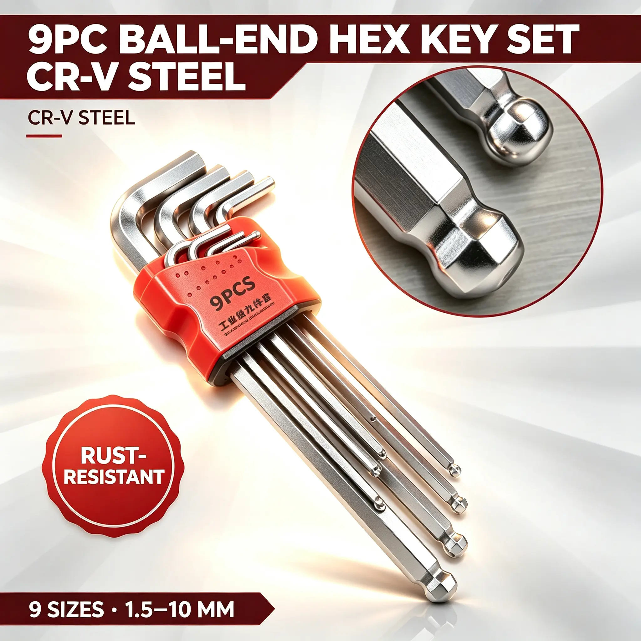 9 PCS Hex Key Set,Ball-End Allen Wrench Set，CR-V-Steel Suitable For Assembly, Maintenance, And Repair ，For DIY Enthusiasts, Repair Technicians, Home Projects, Automotive Repair, Woodworking, And Assembly Workers